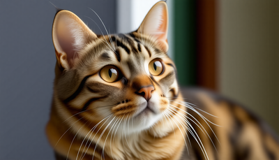 Close-up of a Bengal cat with striking amber eyes and vivid striped fur, looking curious.