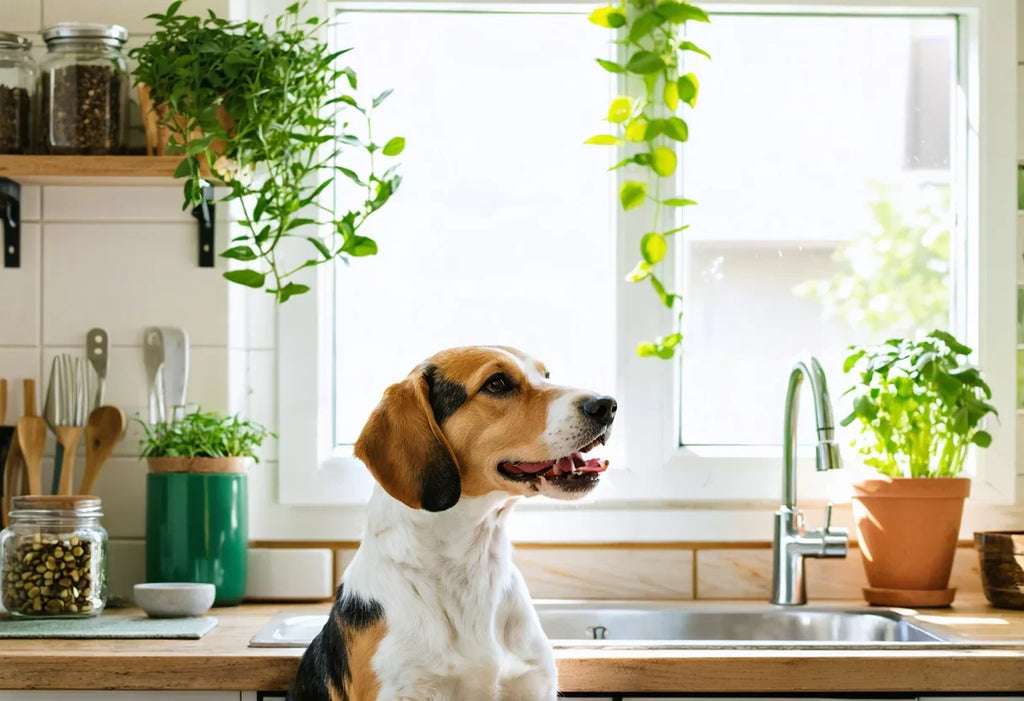 Happy dog in a bright kitchen, ready to enjoy healthy organic dog treats you can trust