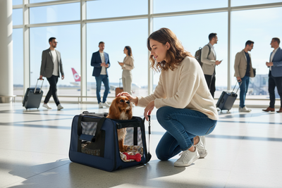 Woman comforting her dog in a pet travel carrier airline approved for stress-free airport journeys