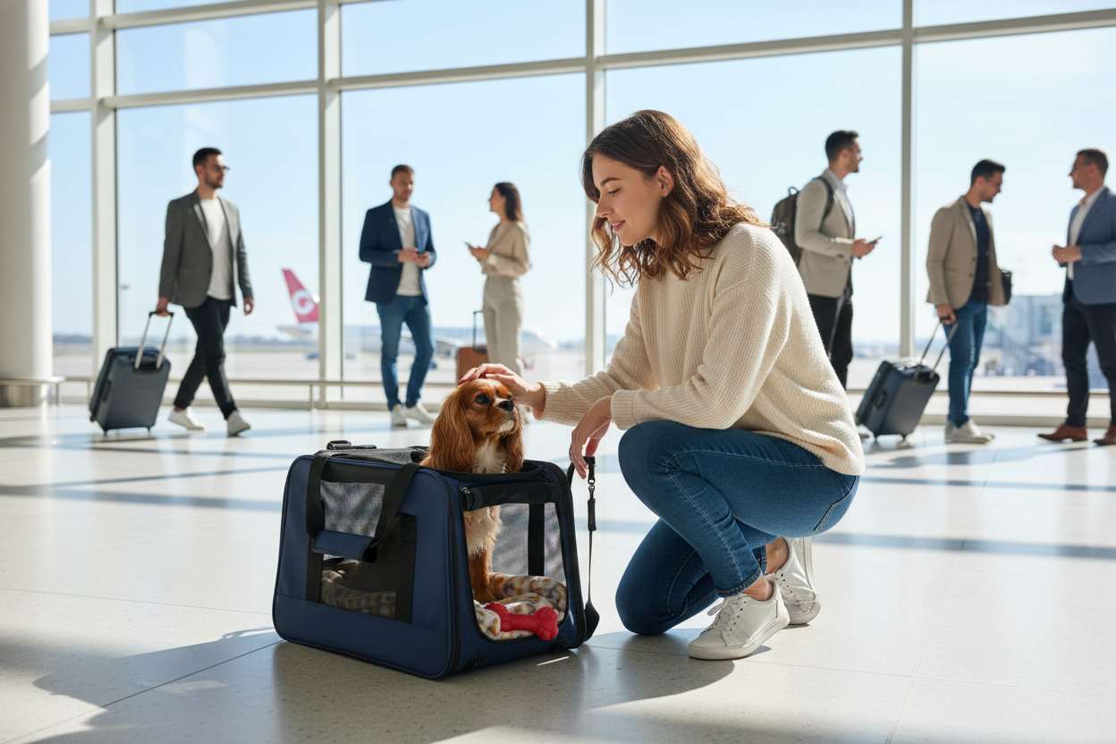 Woman comforting her dog in a pet travel carrier airline approved for stress-free airport journeys