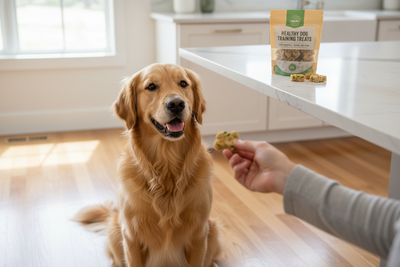 Golden retriever waiting for healthy dog training treats during a positive reward-based training session