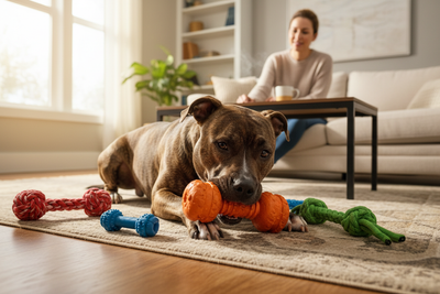 Strong pit bull enjoying durable dog toys for chewers in a cozy living room, perfect for active pets