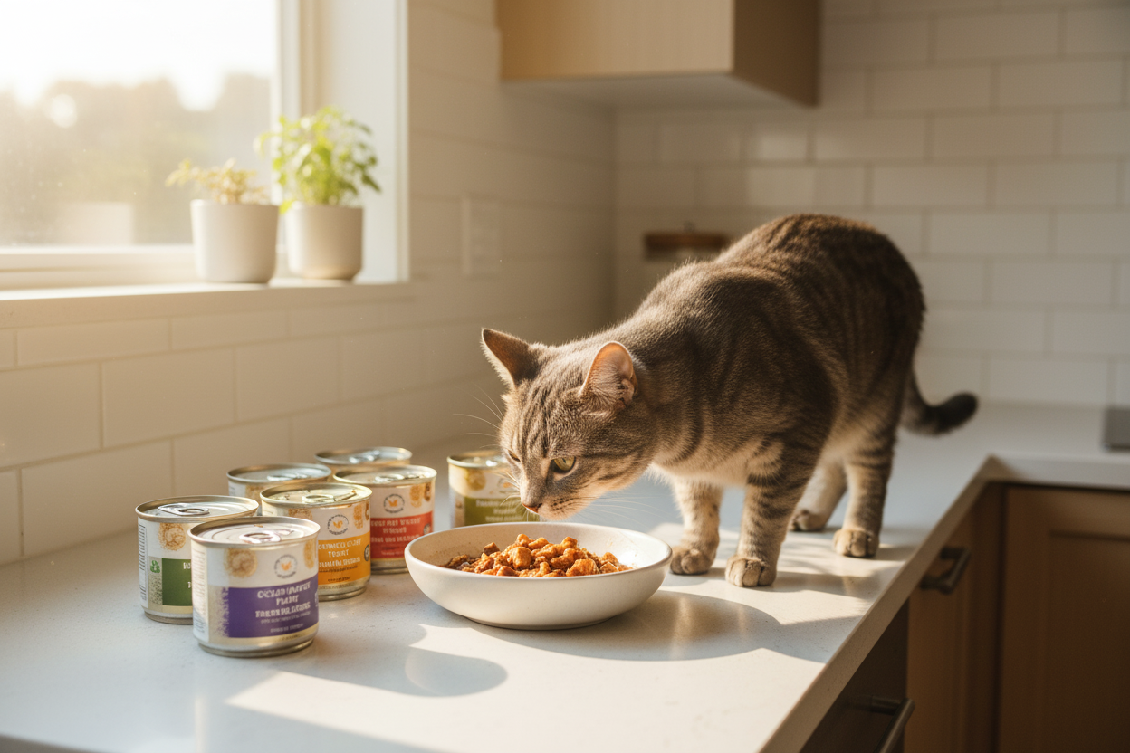 Curious tabby enjoying best wet cat food for picky cats with premium canned options on a sunny kitchen counter