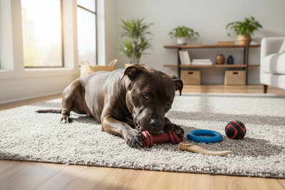 Strong dog chewing durable toys for aggressive chewers on a cozy living room rug