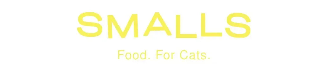 Yellow text on a white background reads SMALLS in large letters, with Food. For Cats. in smaller letters underneath.