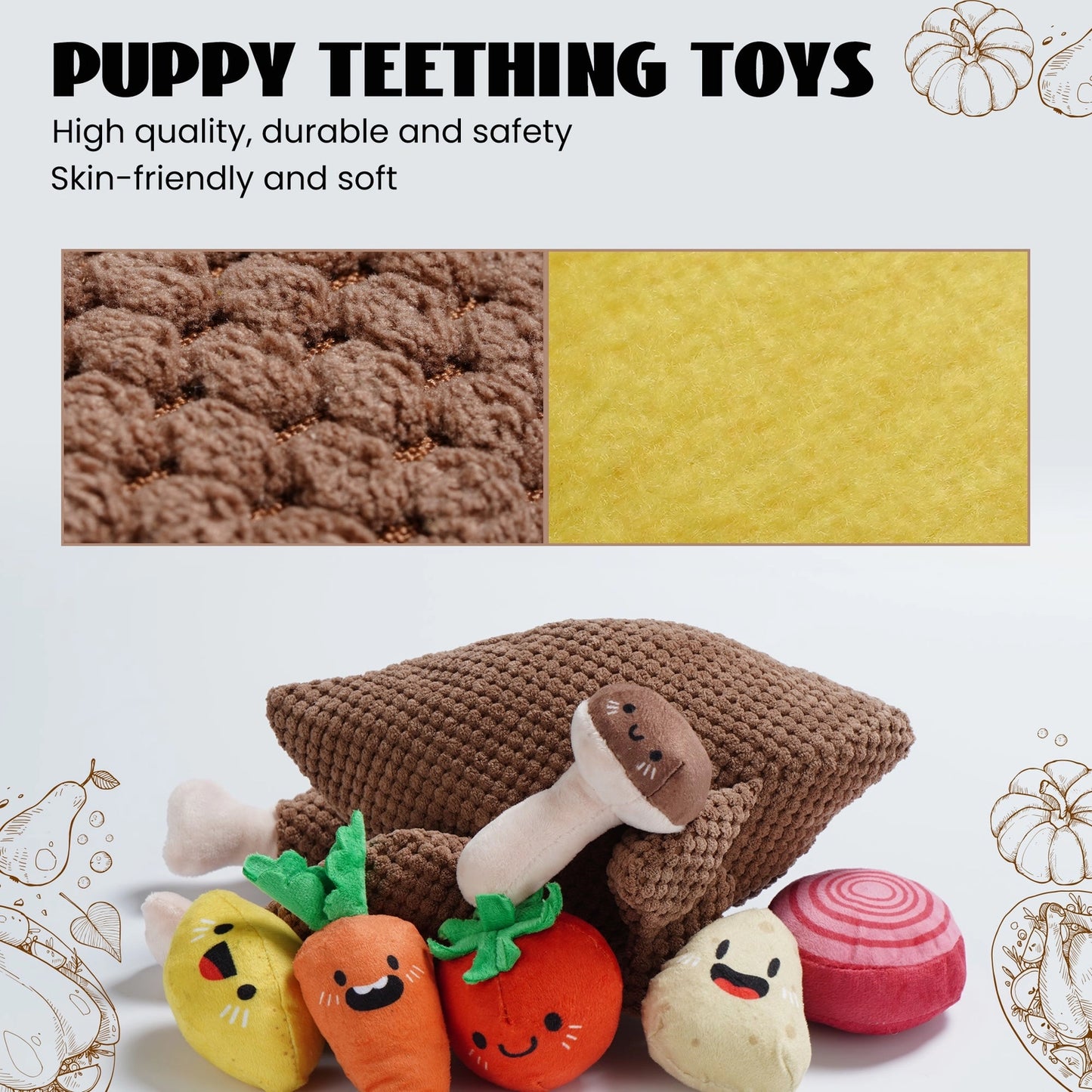 Nocciola Colorful Turkey-Themed Dog Toys for puppies and small breeds are displayed with brown and yellow fabric swatches. Text highlights their high quality, durability, safety, and skin-friendly design.
