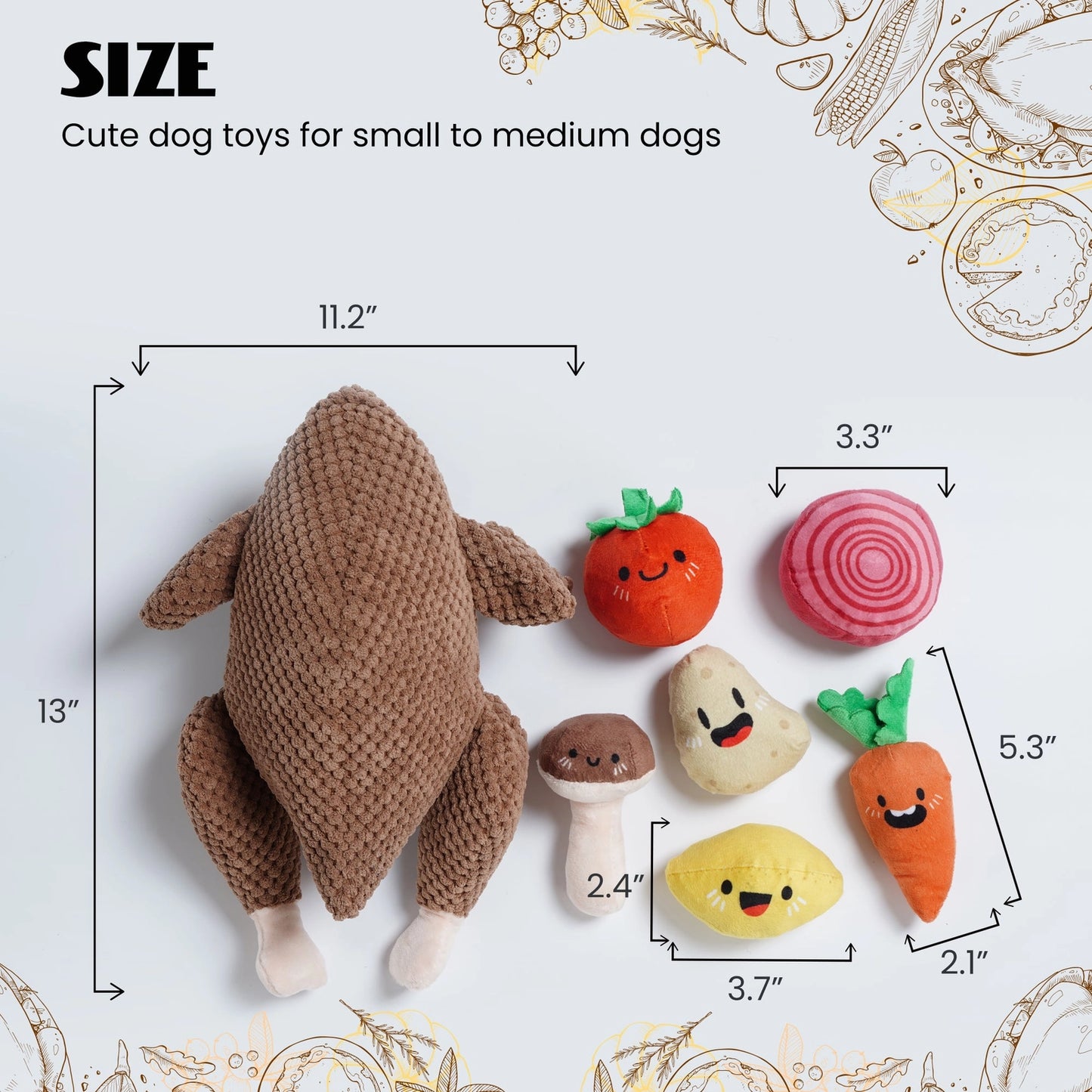 Nocciola Colorful Turkey-Themed Dog Toys by Nocciola include a roast turkey, carrot, tomato, onion, lemon, potato, and mushroom—perfect for puppies and small breeds who love vibrant playtime fun. Sizes detailed for each toy.