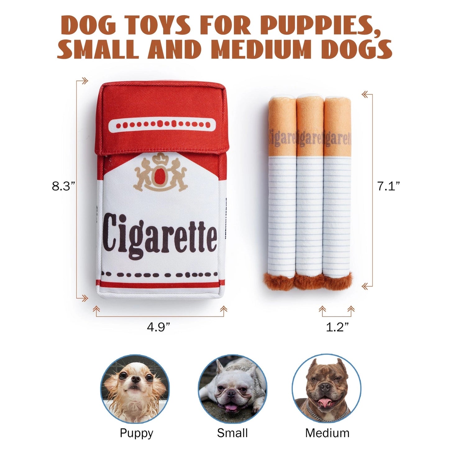 Nocciola Durable Giggle Toys for Puppies & Small to Medium Dogs—fun cigarette pack and stick shapes with measurements. Tough chewer toys by Nocciola, ideal for puppies, small, and medium breeds; images shown below.