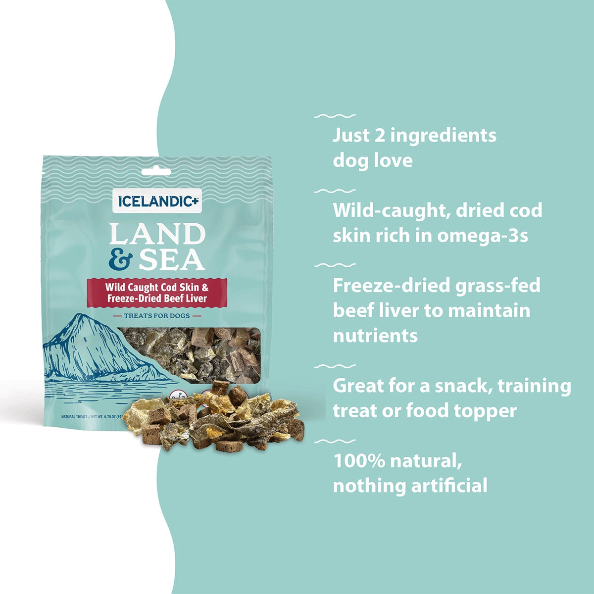 A bag of Icelandic+ Land & Sea Cod Skin & Freeze-Dried Beef Dog Treat (2.4 oz) is shown with treats in front. Text highlights: only 2 ingredients—wild-caught cod skin rich in omega-3s and freeze-dried beef liver—natural and nutrient-rich.