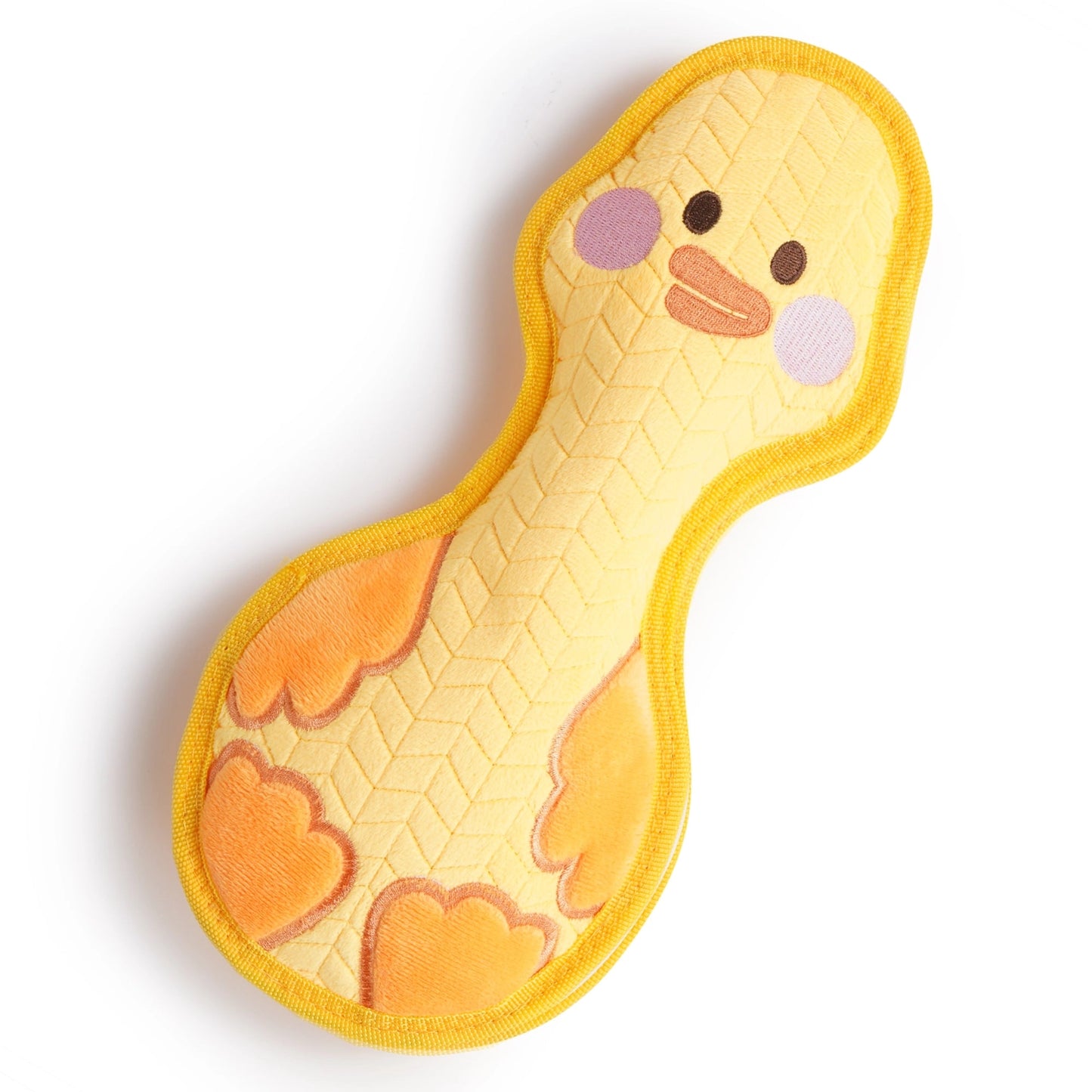 The Nocciola Durable Duck Squeaky Dog Toy for Aggressive Chewers features a yellow duck design with orange accents and a smiling face—perfect for playtime. Shown against a white background.