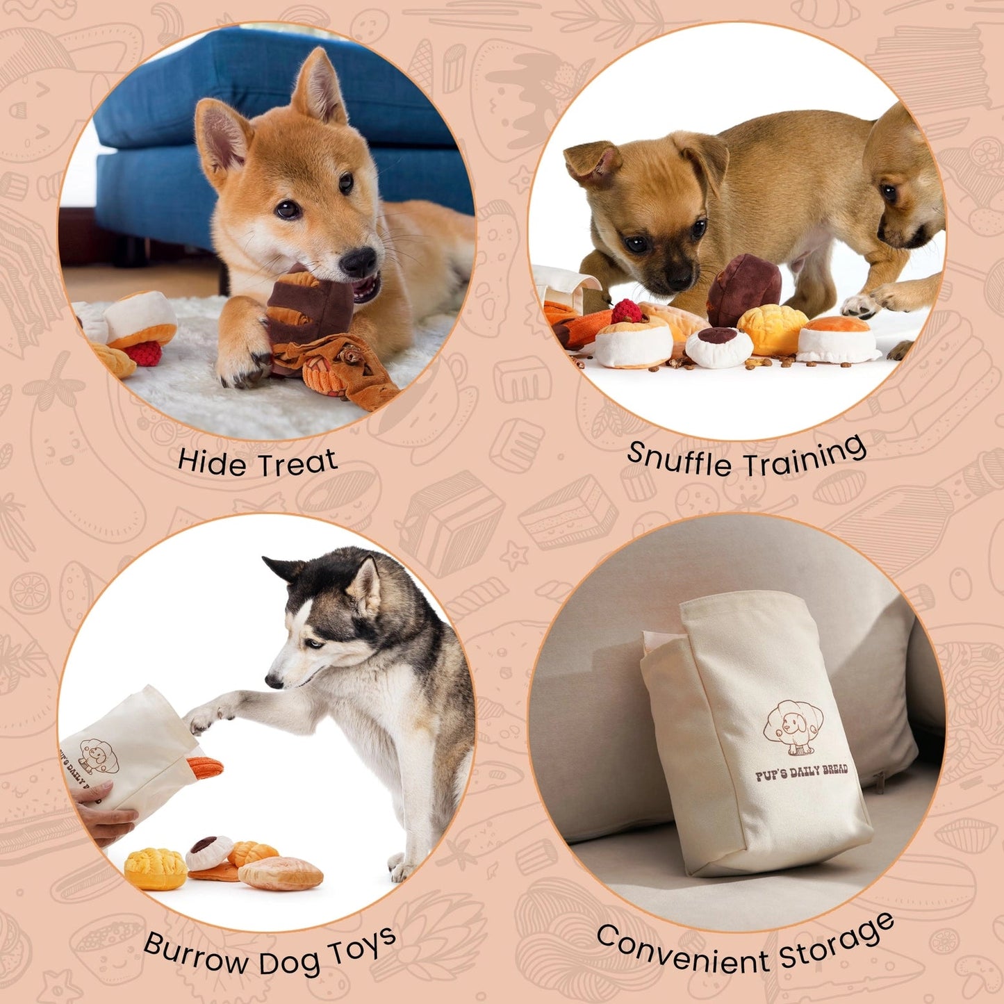 Four images show dogs with Nocciolaâs 10-Pack Crinkle & Squeaky Bread Dog Toys with Treat Bag: a Shiba Inu hiding treats, two pups snuffling, a Husky burrowing for bread toys, and the treat bag on a sofa. Text labels each activity.