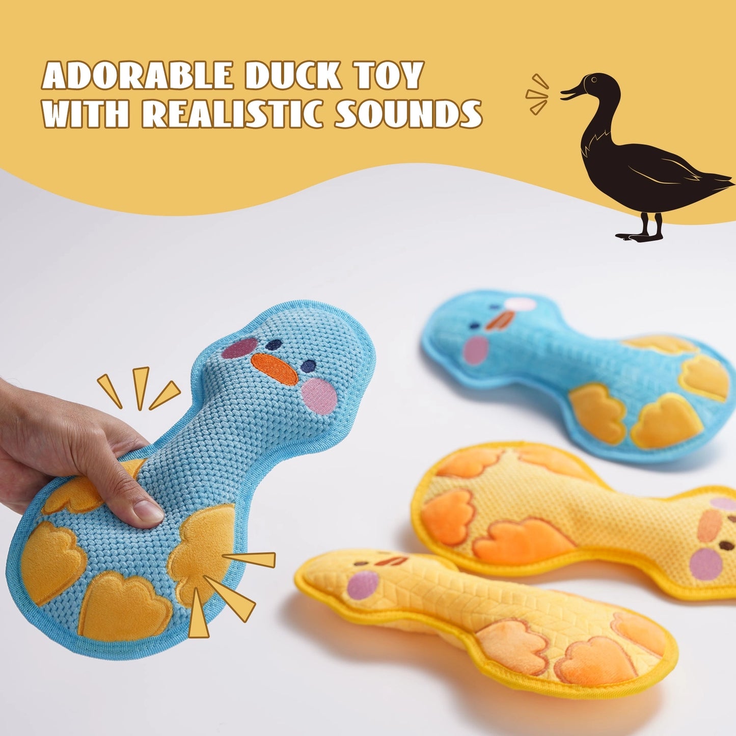 A hand squeezes the Nocciola Durable Duck Squeaky Dog Toy for Aggressive Chewers. Three more in blue and yellow rest nearby. Beside a duck illustration, text reads: “Adorable duck toy with realistic sounds.” Brand: Nocciola.