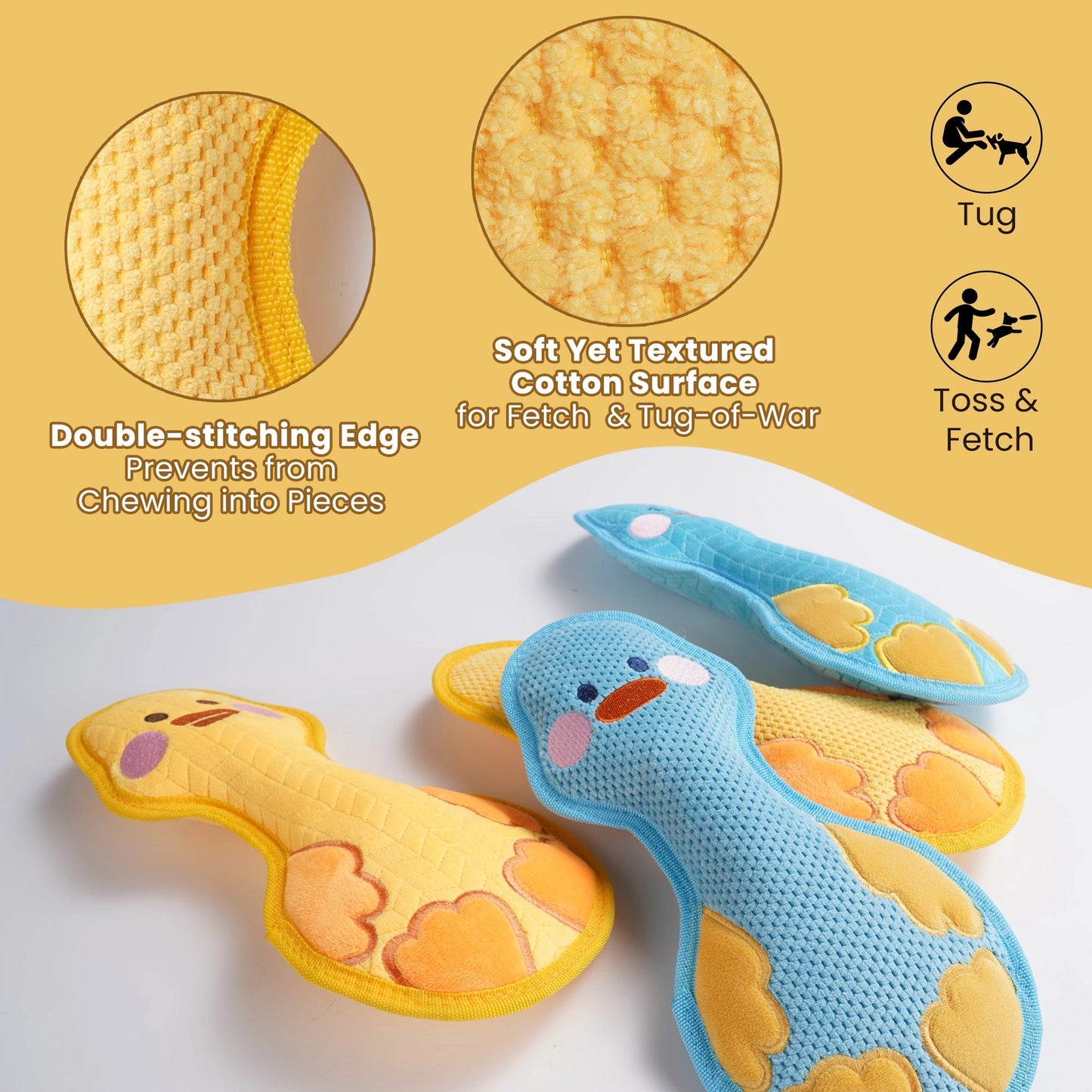 Nocciola Durable Duck Squeaky Dog Toys for Aggressive Chewers by Nocciola feature yellow and blue textured cotton, double-stitched edges, and are ideal for tug and fetch play—perfect interactive toys for your pup.