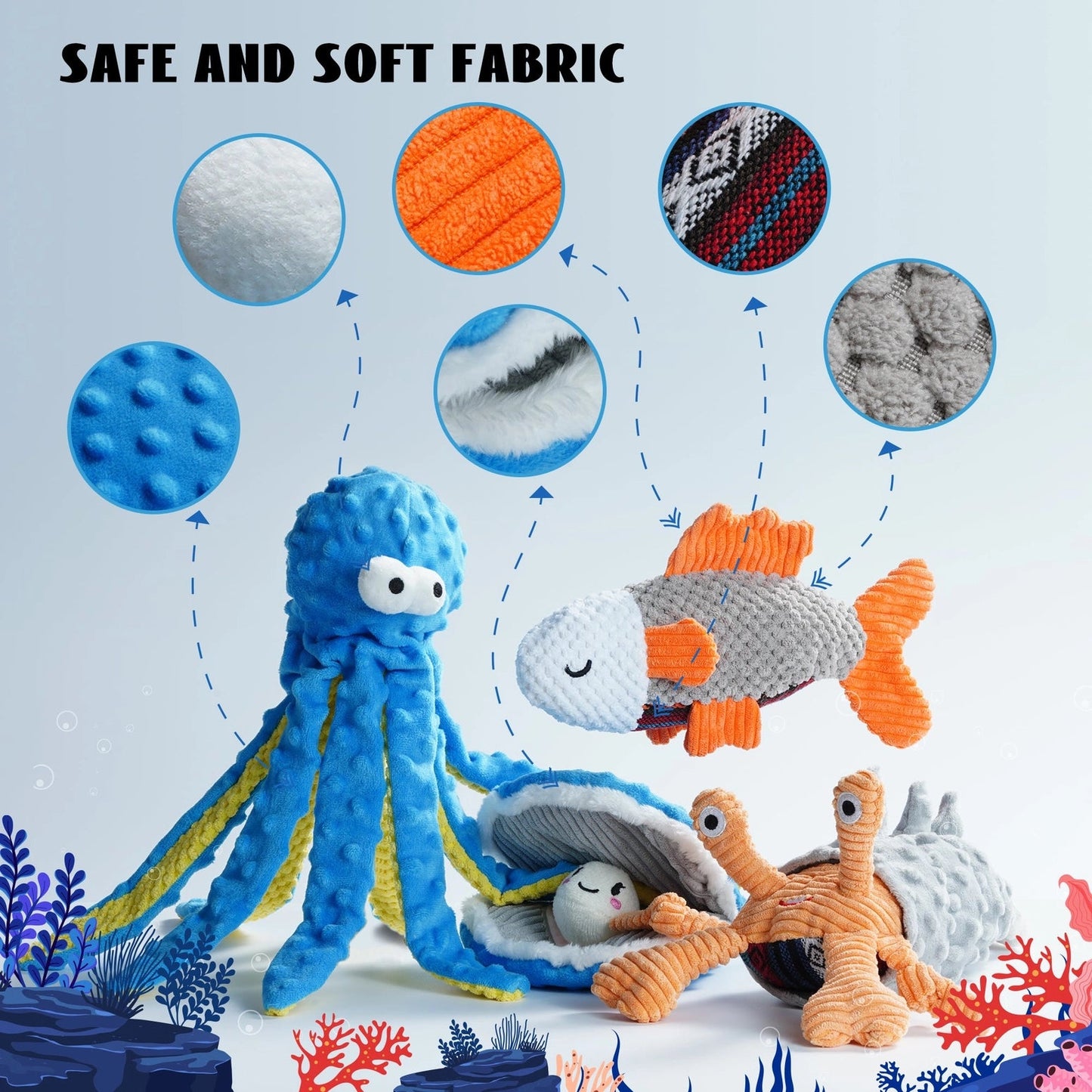 Nocciola Ocean-Themed Crinkle & Squeaky Dog Toy Setâoctopus, fish, oyster with pearl, and snailâshown on a coral base with close-ups of soft textures. SAFE AND SOFT FABRIC by Nocciola. Features crinkle and squeaky fun for dogs!.