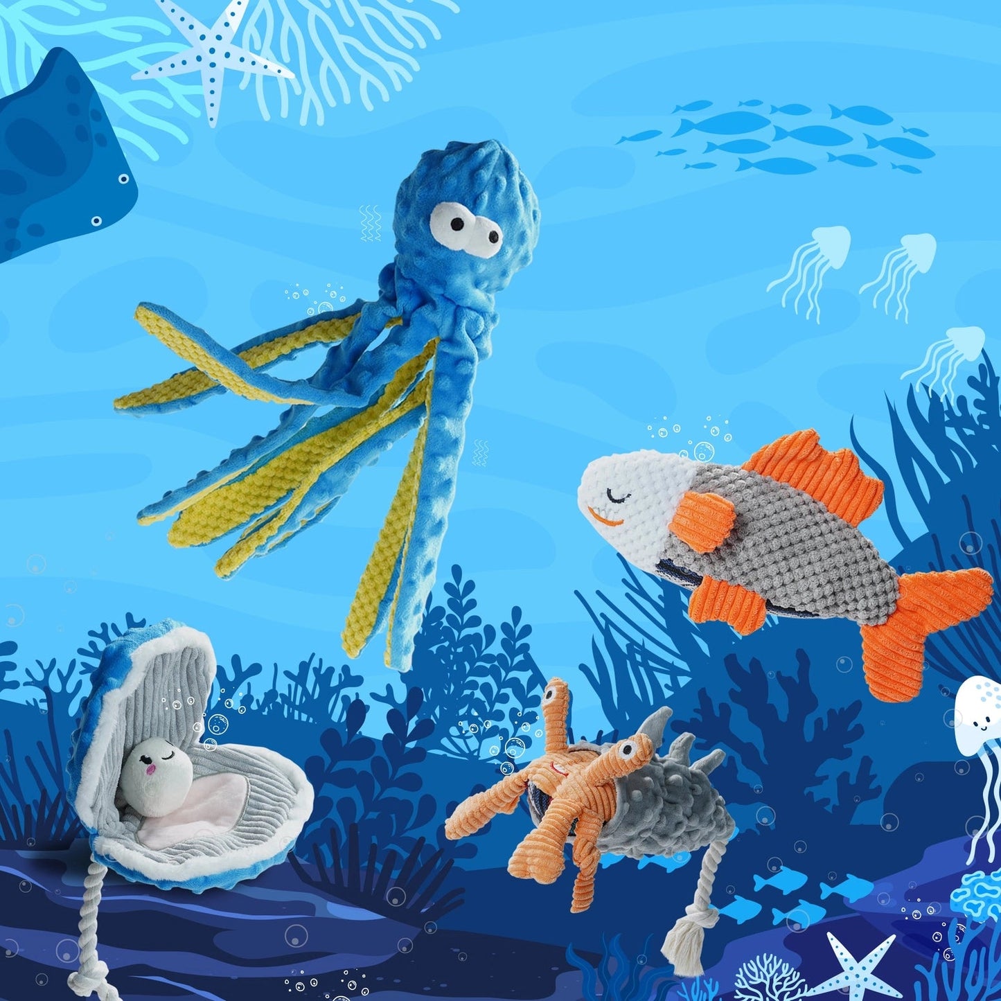The Nocciola Ocean-Themed Crinkle & Squeaky Dog Toy Set features plush sea creaturesâoctopus, fish, crab, and a clam with pearlâin bright coral and seaweed designs, perfect for playful pups who love crinkle and squeaky toys.