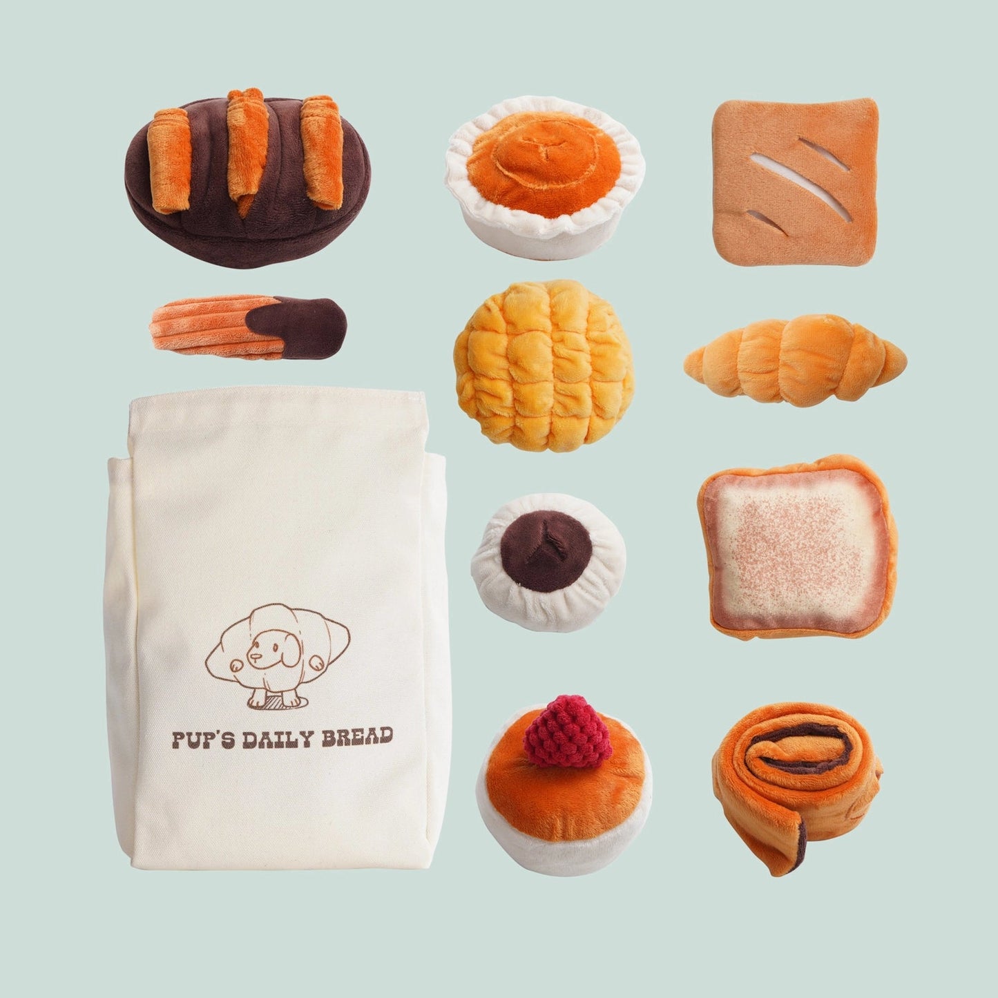 The Nocciola 10-Pack Crinkle & Squeaky Bread Dog Toys includes plush breads and pastries for small dogs, all packed in a white treat bag with a cute character, perfect for playful pups. Brand: Nocciola.