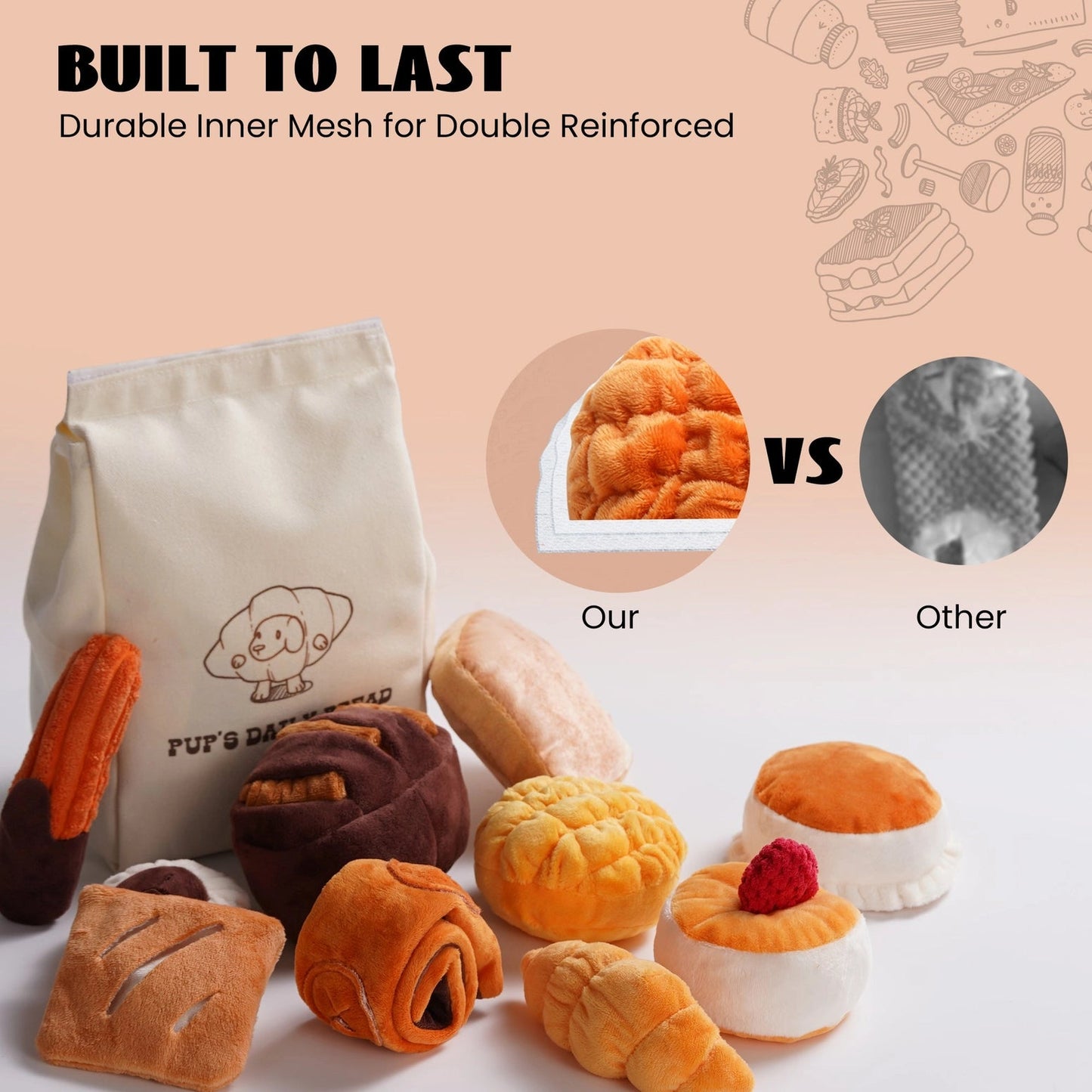 A Nocciola 10-Pack Crinkle & Squeaky Bread Dog Toys with Treat Bag sits beside plush breads. Comparison shows Nocciolaâs durable inner mesh vs. a weaker other toy. Text: BUILT TO LAST and Durable Inner Mesh for Double Reinforced.