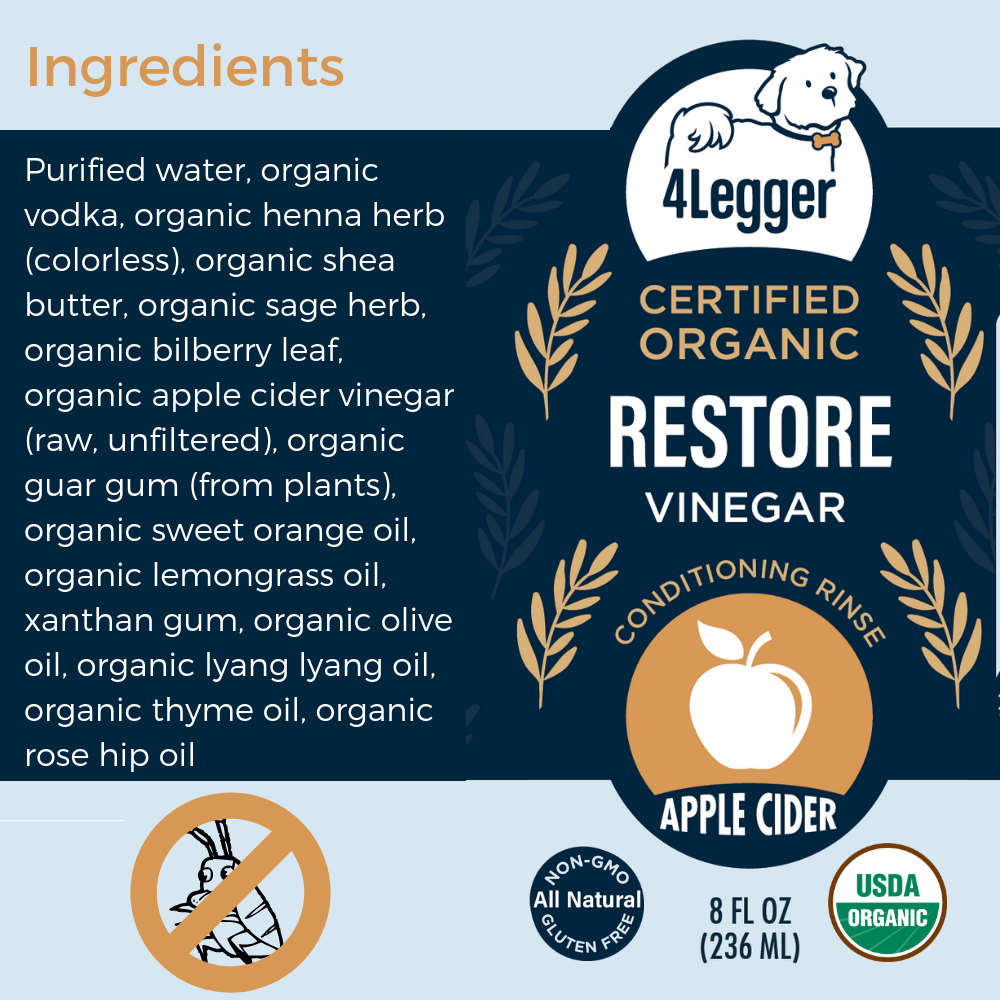4-Legger organic apple cider vinegar dog rinse with natural ingredients for healthy pet coats
