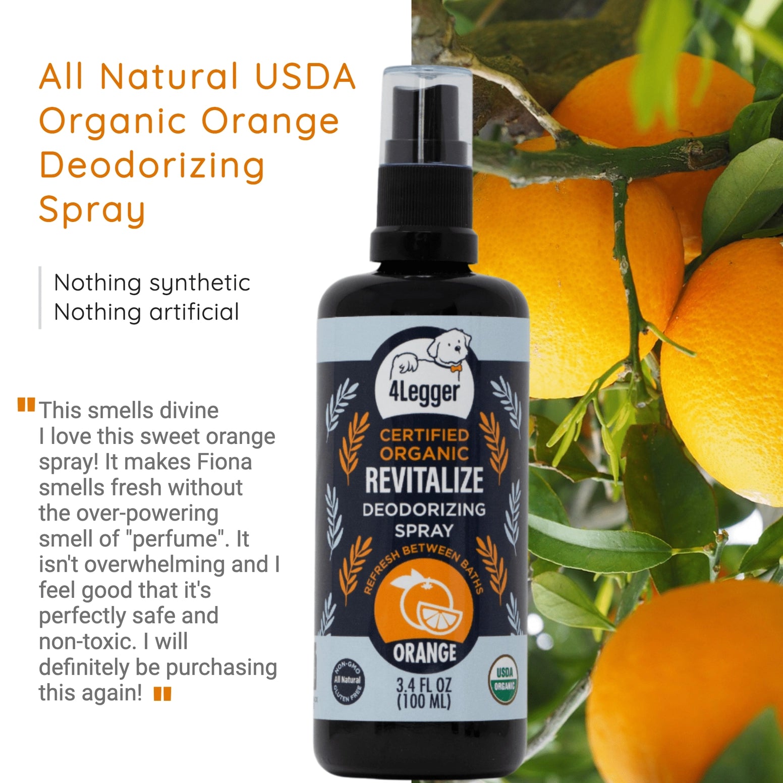 4-Legger Organic Orange Deodorizing Spray for Dogs, an organic dog deodorizing spray for a fresh scent
