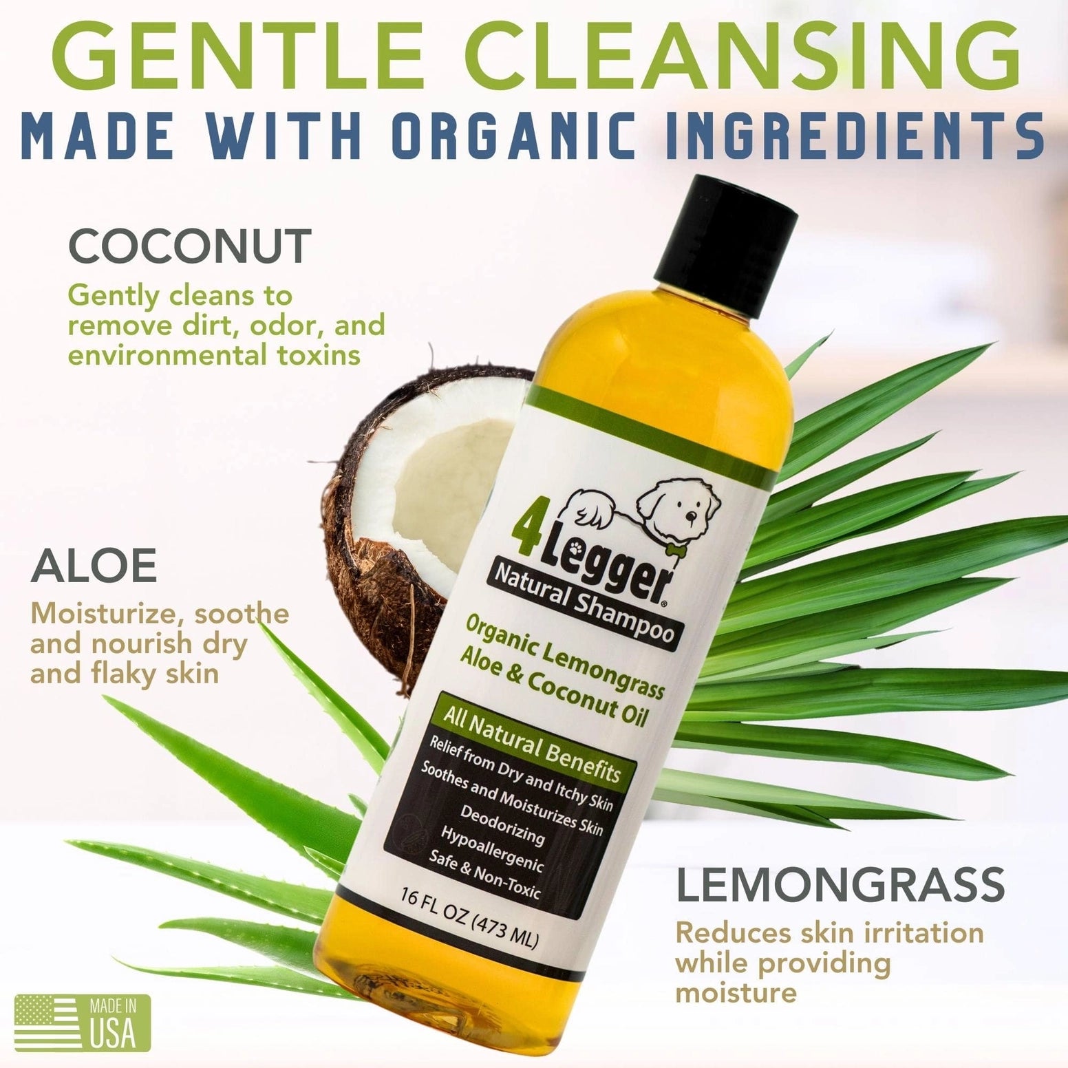 4-Legger organic hypoallergenic dog shampoo with coconut and lemongrass for gentle cleansing and moisture