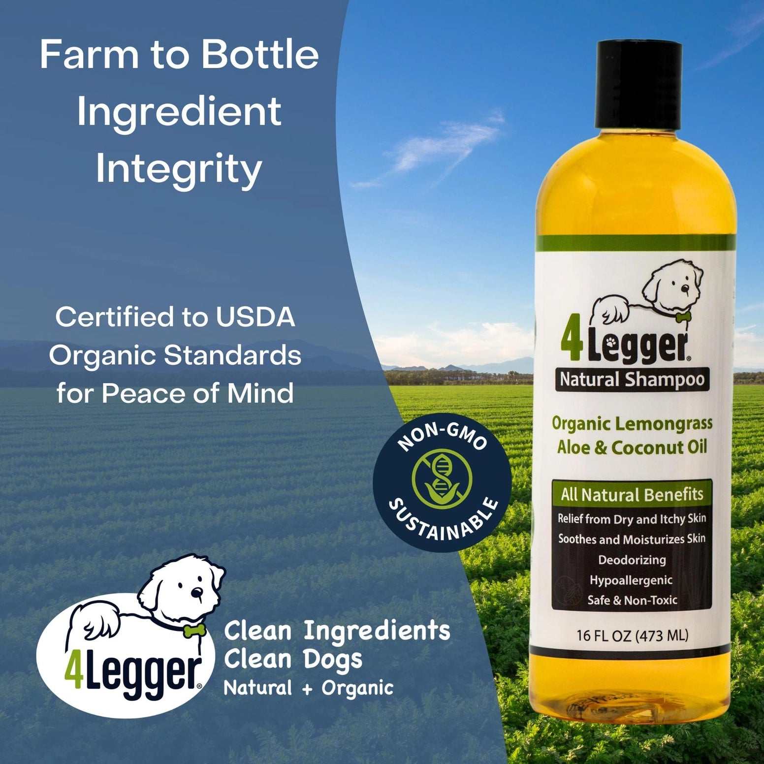 4-Legger Organic Hypoallergenic Dog Shampoo with Lemongrass, Aloe, and Coconut Oil for Sensitive Skin