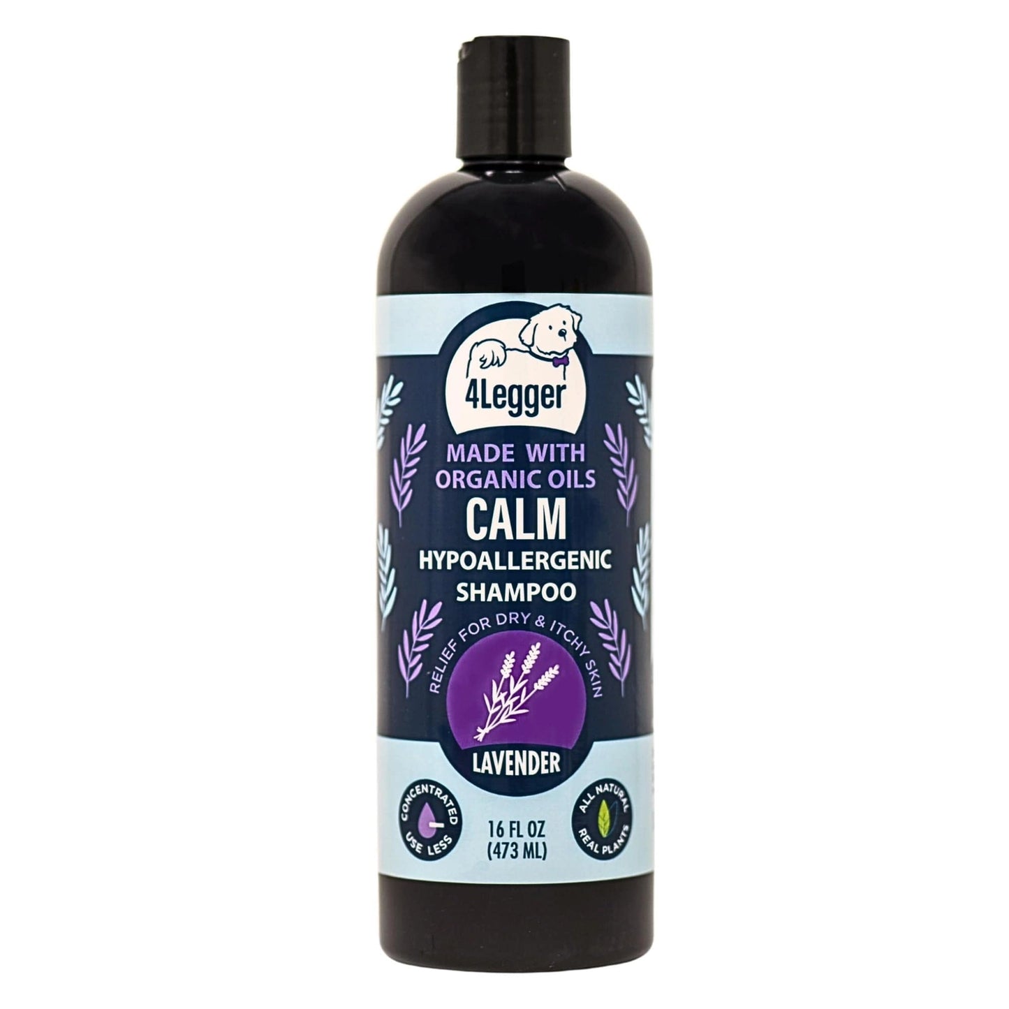 4-Legger Organic Lavender Dog Shampoo in a 16 oz bottle for hypoallergenic care