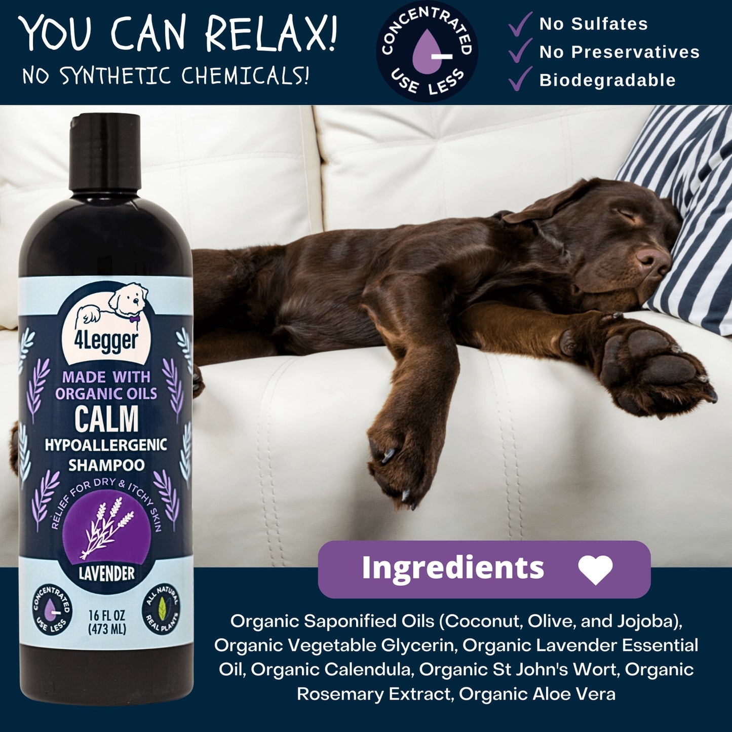 4-Legger organic lavender dog shampoo bottle with a relaxed dog laying beside it