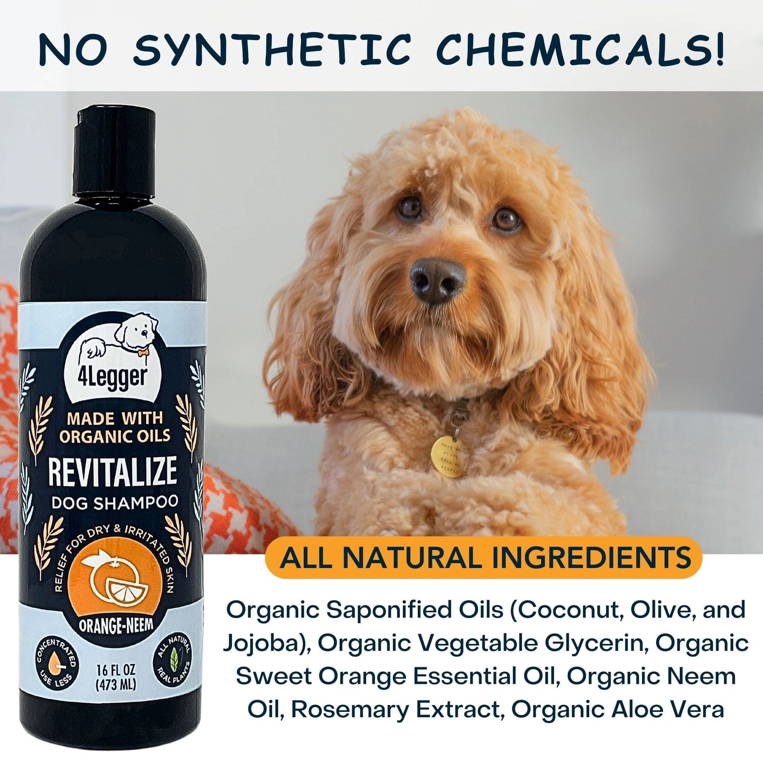 4-Legger Organic Neem Dog Shampoo in 16 oz bottle with all natural ingredients for healthy pet care