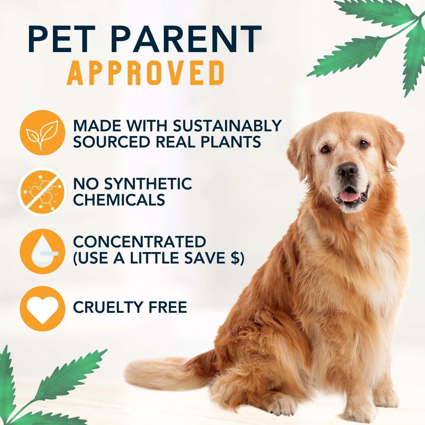 4-Legger Organic Neem Dog Shampoo featuring a golden retriever with benefits like cruelty-free and no synthetic chemicals