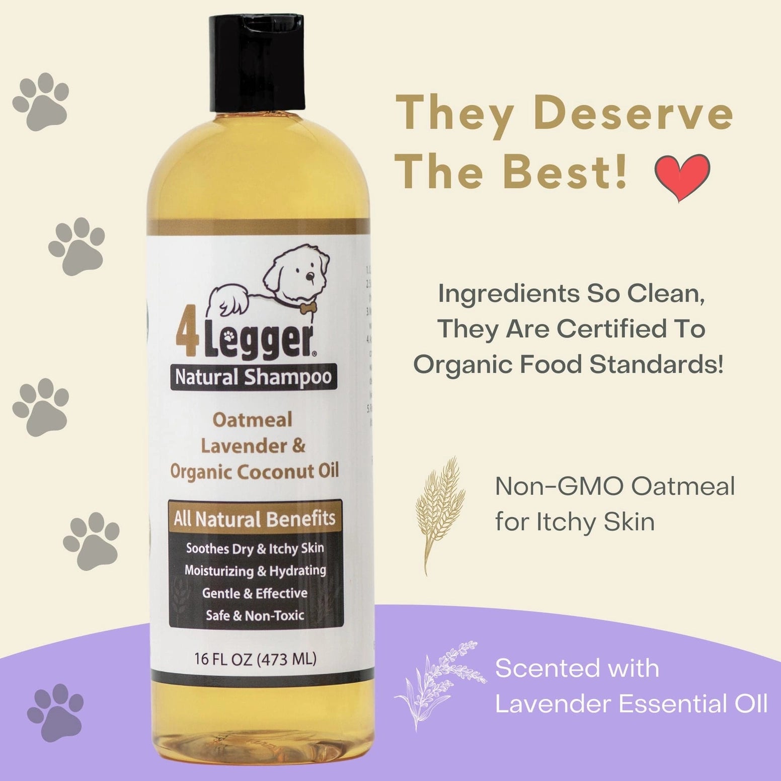 4-Legger Organic Oatmeal Dog Shampoo with Lavender and Coconut Oil for Itchy Skin Relief