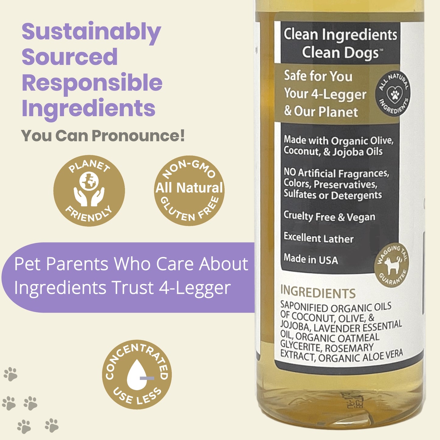 4-Legger Organic Oatmeal Dog Shampoo with coconut and jojoba oils for gentle cleansing and pet care