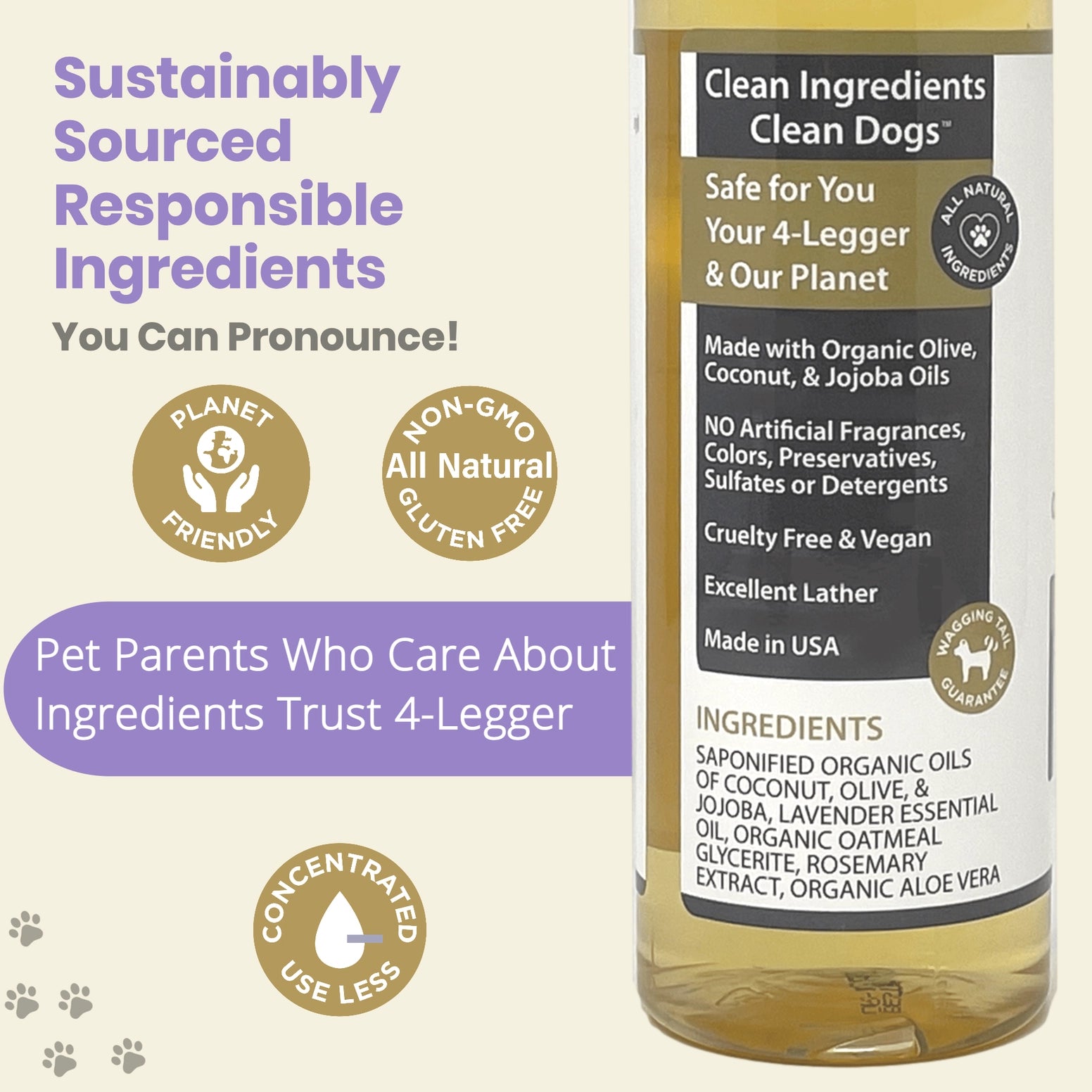 4-Legger Organic Oatmeal Dog Shampoo with coconut and jojoba oils for gentle cleansing and pet care