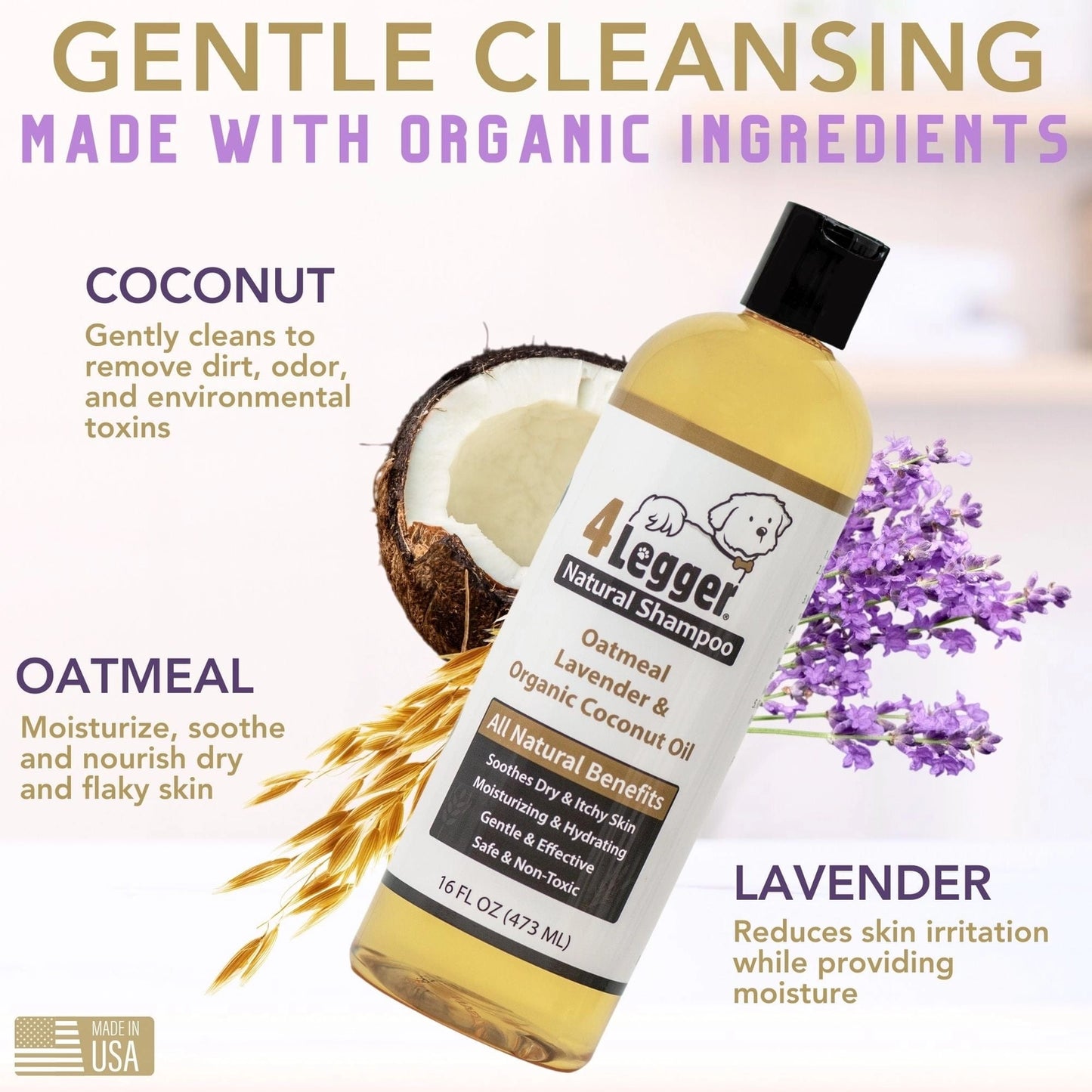 4-Legger Organic Oatmeal Dog Shampoo with Coconut and Lavender for gentle cleansing and skin moisture
