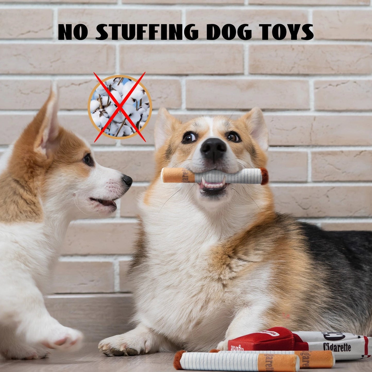 Two Corgis indoors, one holding a cigar-shaped plush from Nocciola Durable Giggle Toys for Puppies & Small to Medium Dogs by Nocciola—no stuffing and reinforced Oxford fabric make them perfect for playful pups and dogs. More toys nearby.