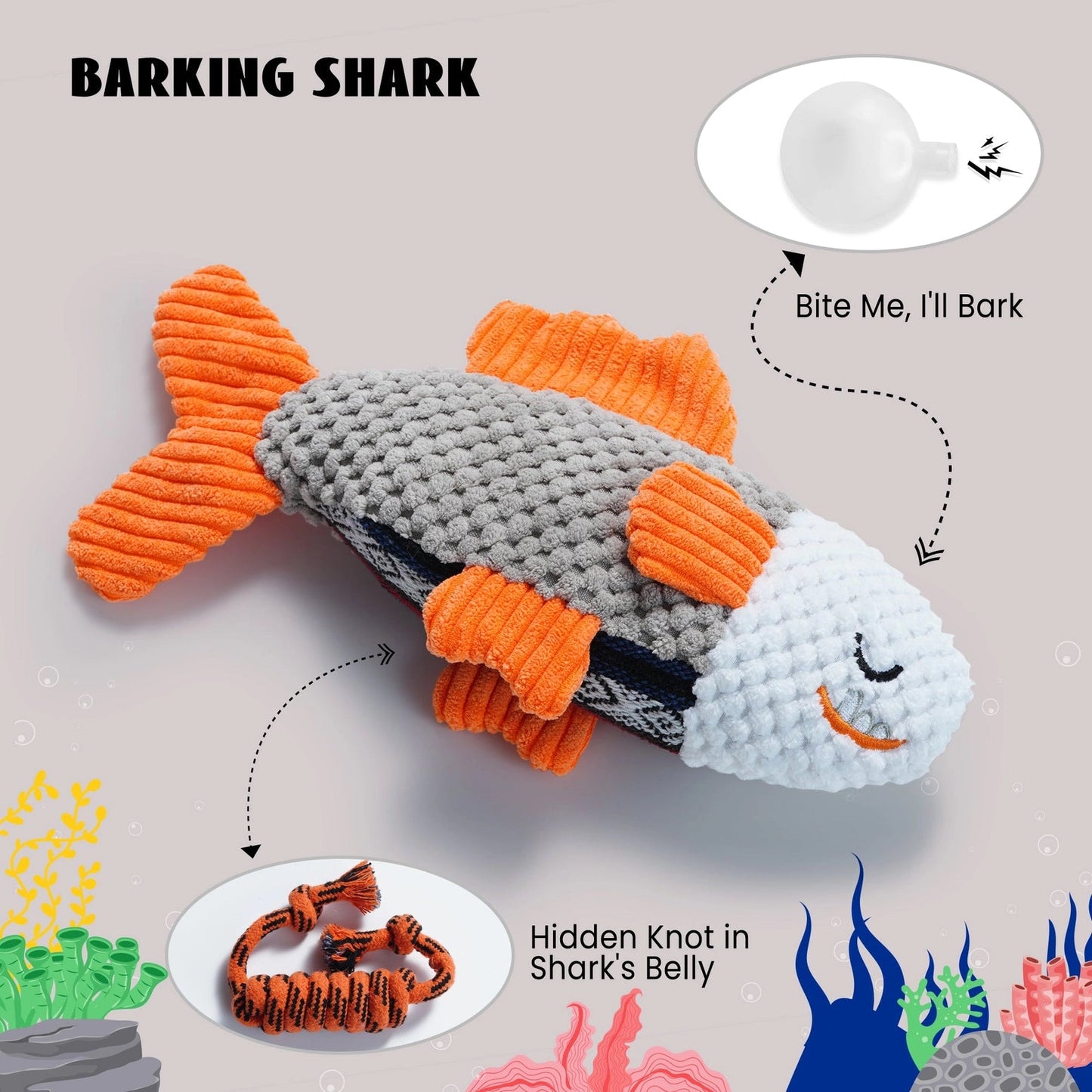 The Nocciola Ocean-Themed Crinkle & Squeaky Dog Toy Set features a plush shark with orange fins and tail, a gray textured body, a smiling face, bark sound, crinkle and squeaky elements, and a hidden knot in the belly.