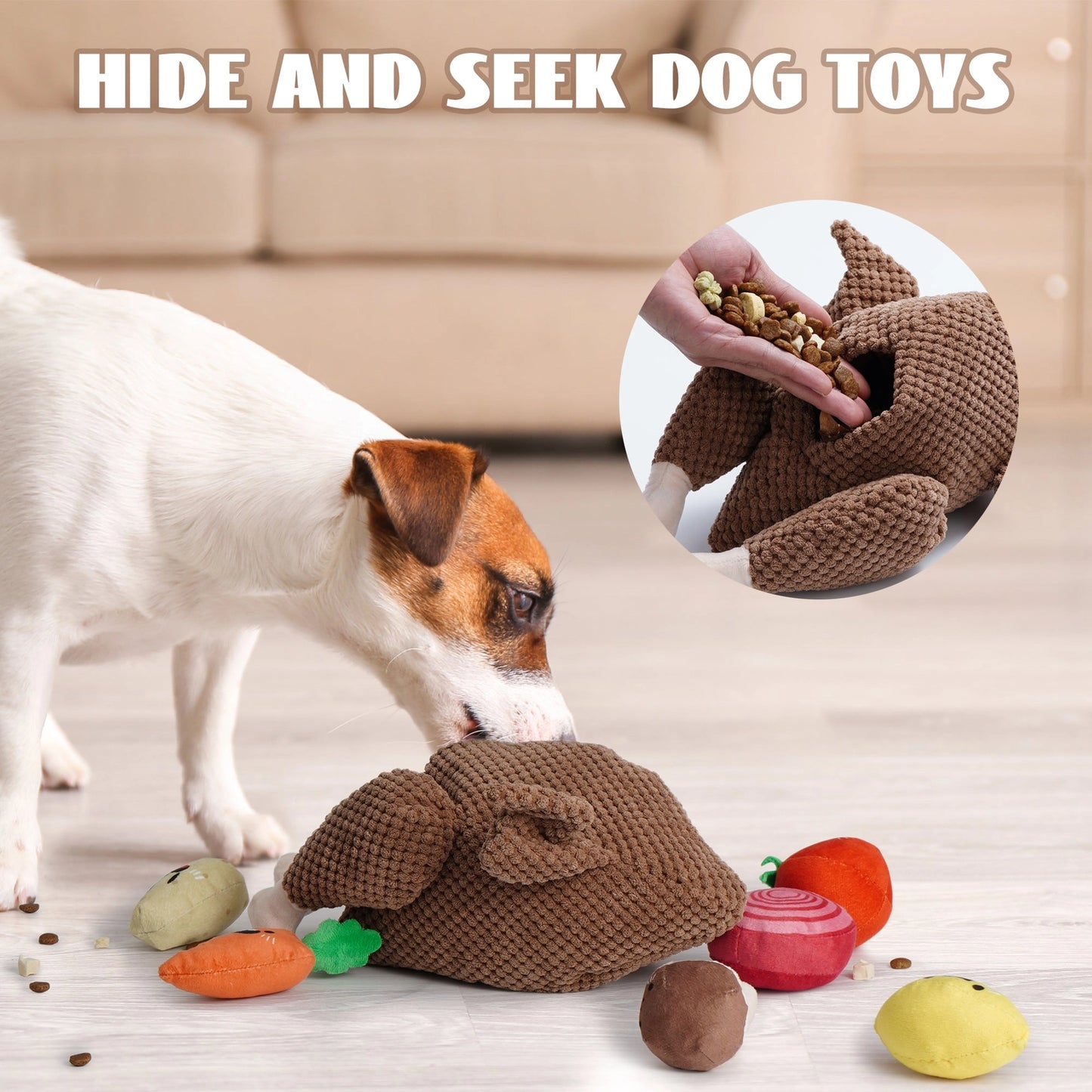 A small dog sniffs a Nocciola Colorful Turkey-Themed Dog Toy, surrounded by fruit and veggie-shaped toys. Inset: a hand adds treats inside. Text: HIDE AND SEEK DOG TOYS by Nocciola—perfect for puppies and small breeds.