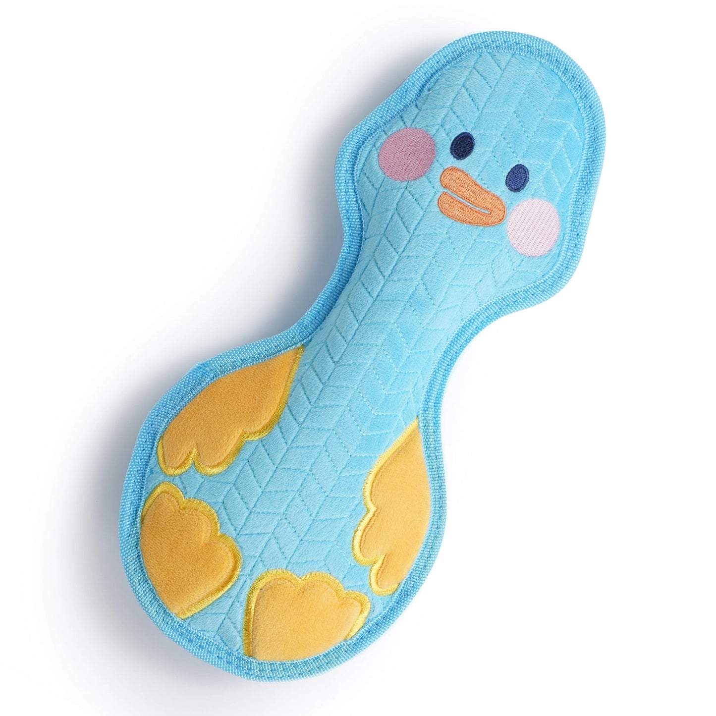 The Nocciola Durable Duck Squeaky Dog Toy for Aggressive Chewers features a blue duck design with an orange beak, yellow wings and feet, pink cheeks, and embroidered black eyes, shown lying on a white background.