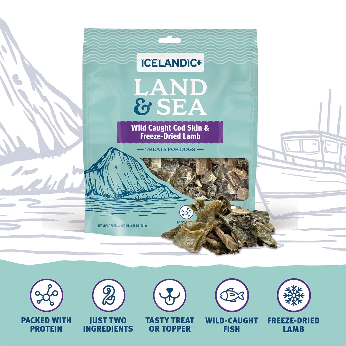 Icelandic+ Land & Sea Cod Skin & Freeze-Dried Lamb Dog Treat 2.4 oz features wild-caught cod skin rich in Omega-3s and freeze-dried lamb, in teal and purple packaging with mountain art plus protein and wild-caught ingredient icons.