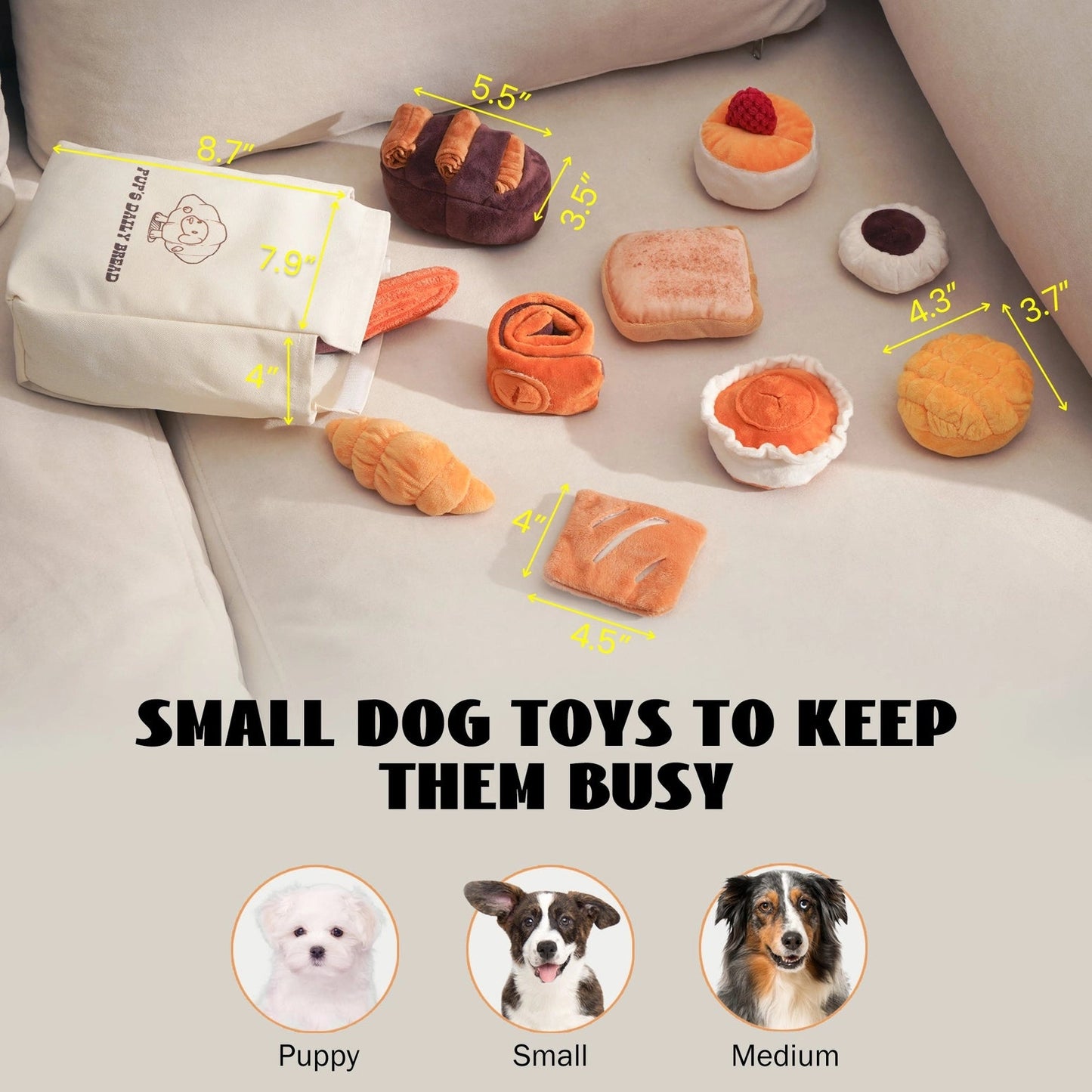 The Nocciola 10-Pack Crinkle & Squeaky Bread Dog Toys come with a treat bag. These plush pastry toys are ideal for small to medium-sized pups, keeping them busy and entertained with fun sounds. Toy measurements and images displayed.