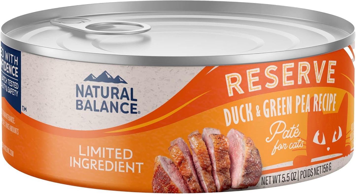 A 5.5 oz can of Natural Balance Limited Ingredient Pate Canned Cat Food, featuring duck and green pea recipe with an orange label showing duck slices, a cat face icon, and limited ingredient highlights.
