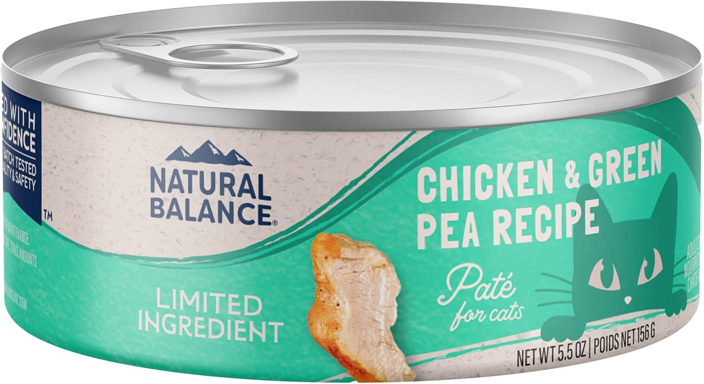 A can of Natural Balance Pet Foods Limited Ingredient Pate Canned Cat Food features a turquoise and green label with chicken, a cat’s face, and highlights its limited ingredient formula. Brand: Natural Balance.