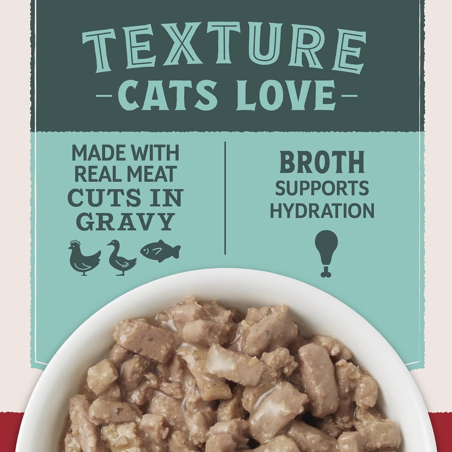 A bowl of Natural Balance Ultra Protein Cuts in Gravy Wet Cat Food is shown below text: Texture cats love, Made with real meat cuts in gravy, Broth supports hydration—plus icons of chicken, duck, fish. Protein-rich for happy, healthy cats.