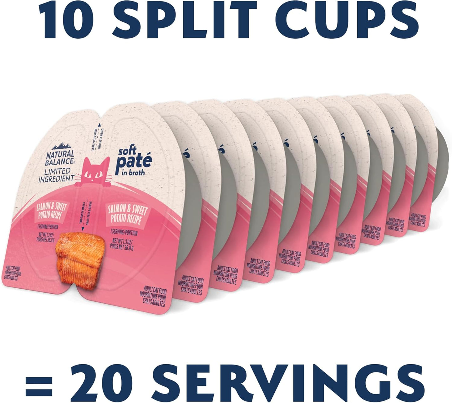 Ten containers of Natural Balance Limited Ingredient Soft Pate in Broth Wet Cat Food (10 ea/2.6 oz) are lined up, with “10 Split Cups = 20 Servings” in large blue text at the top and bottom.