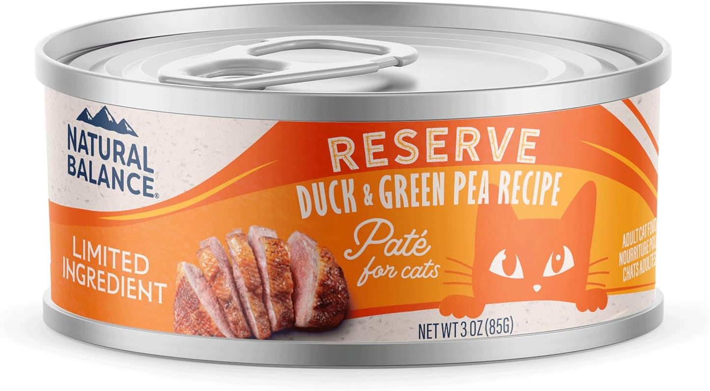 A 3-ounce can of Natural Balance Pet Foods Limited Ingredient Pate Canned Cat Food, featuring a Reserve Duck & Green Pea Recipe, provides grain-free, complete nutrition for cats and showcases sliced duck with an orange cat illustration.