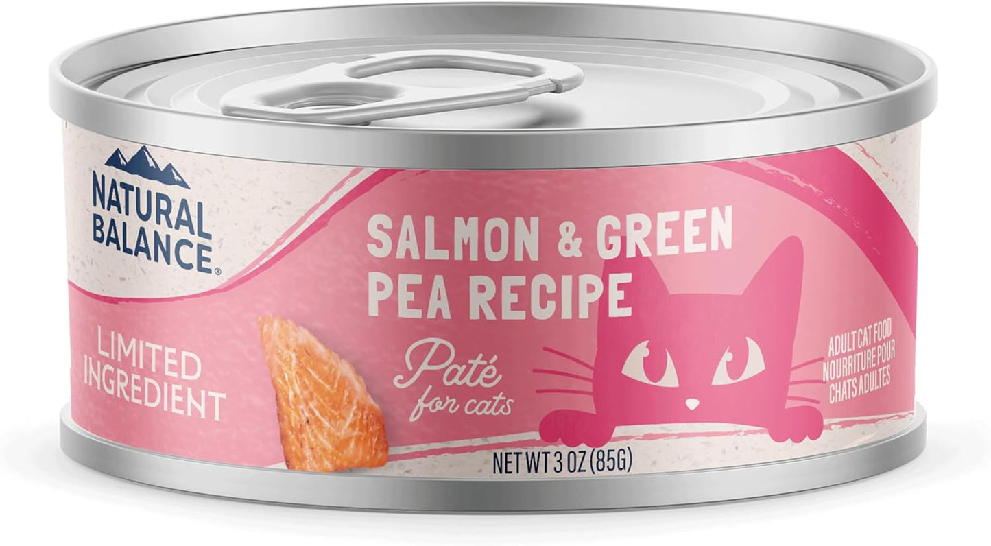 A can of Natural Balance Pet Foods Limited Ingredient Pate Canned Cat Food with a pink Salmon & Green Pea Recipe label, showing a cat and salmon. The grain-free formula offers complete nutrition for cats.