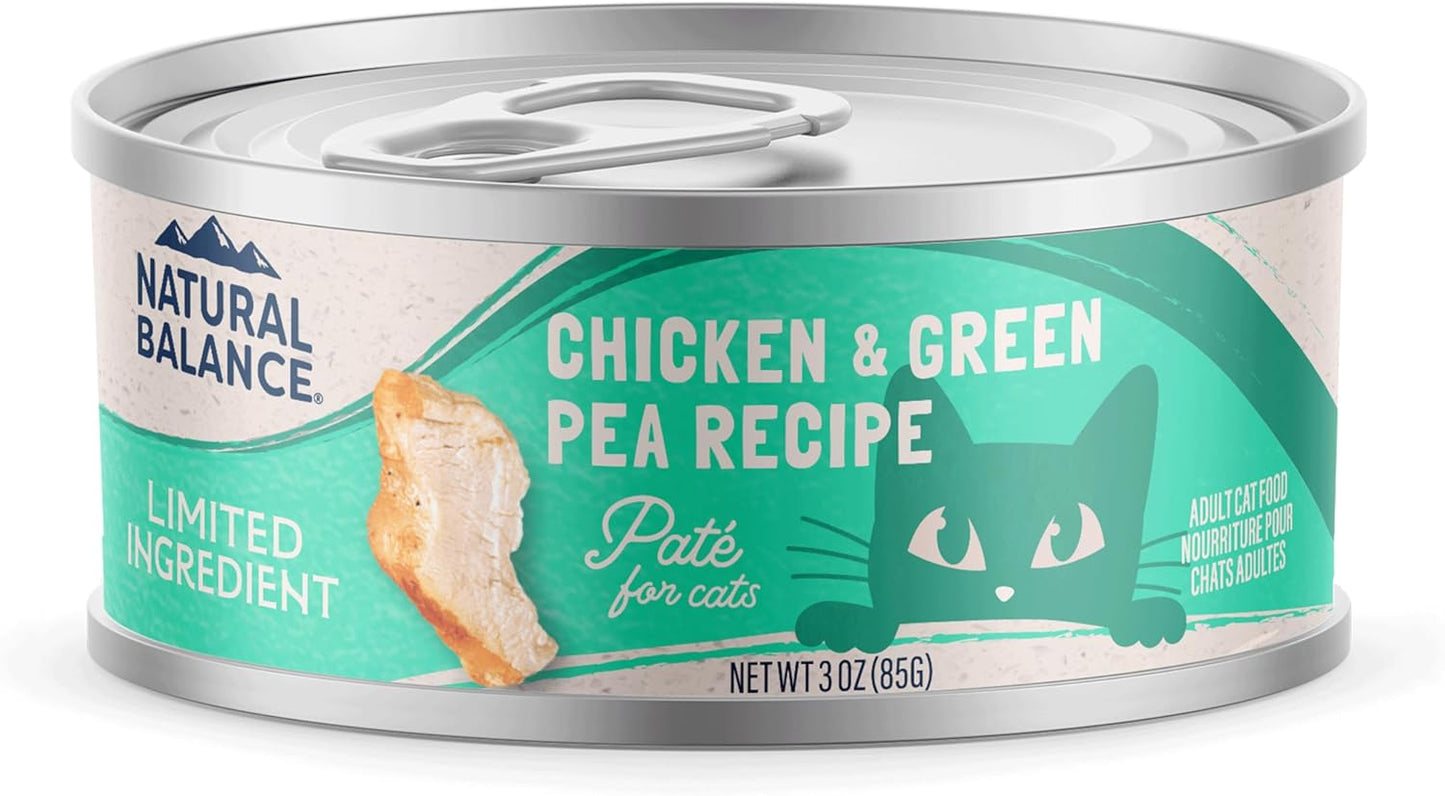 A 3 oz can of Natural Balance Pet Foods Limited Ingredient Pate Canned Cat Food, featuring a cat’s face and chicken illustration. This grain-free formula is ideal for sensitive felines.