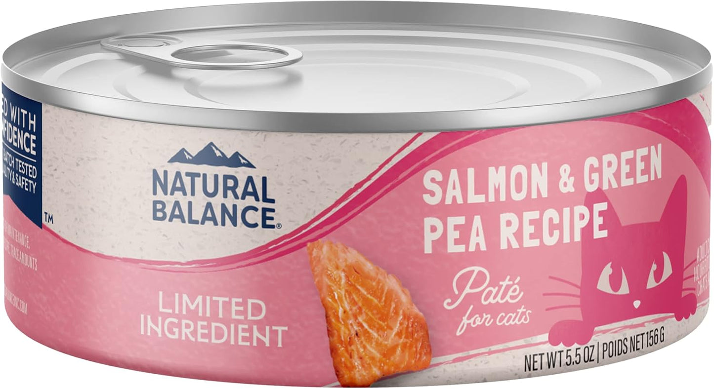 A can of Natural Balance Pet Foods Limited Ingredient Pate Canned Cat Food. The pink label highlights salmon, a cat, and “Limited Ingredient”—premium grain-free protein for your cat’s well-being.