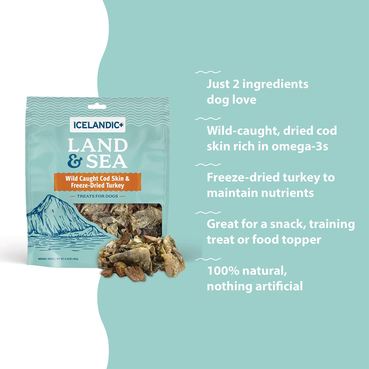 A 2.4 oz bag of Icelandic+ Land & Sea Cod Skin & Freeze-Dried Turkey Dog Treats is shown, featuring wild-caught cod skin and freeze-dried turkey—100% natural, high-protein treats ideal for snacks, training, or food toppers.