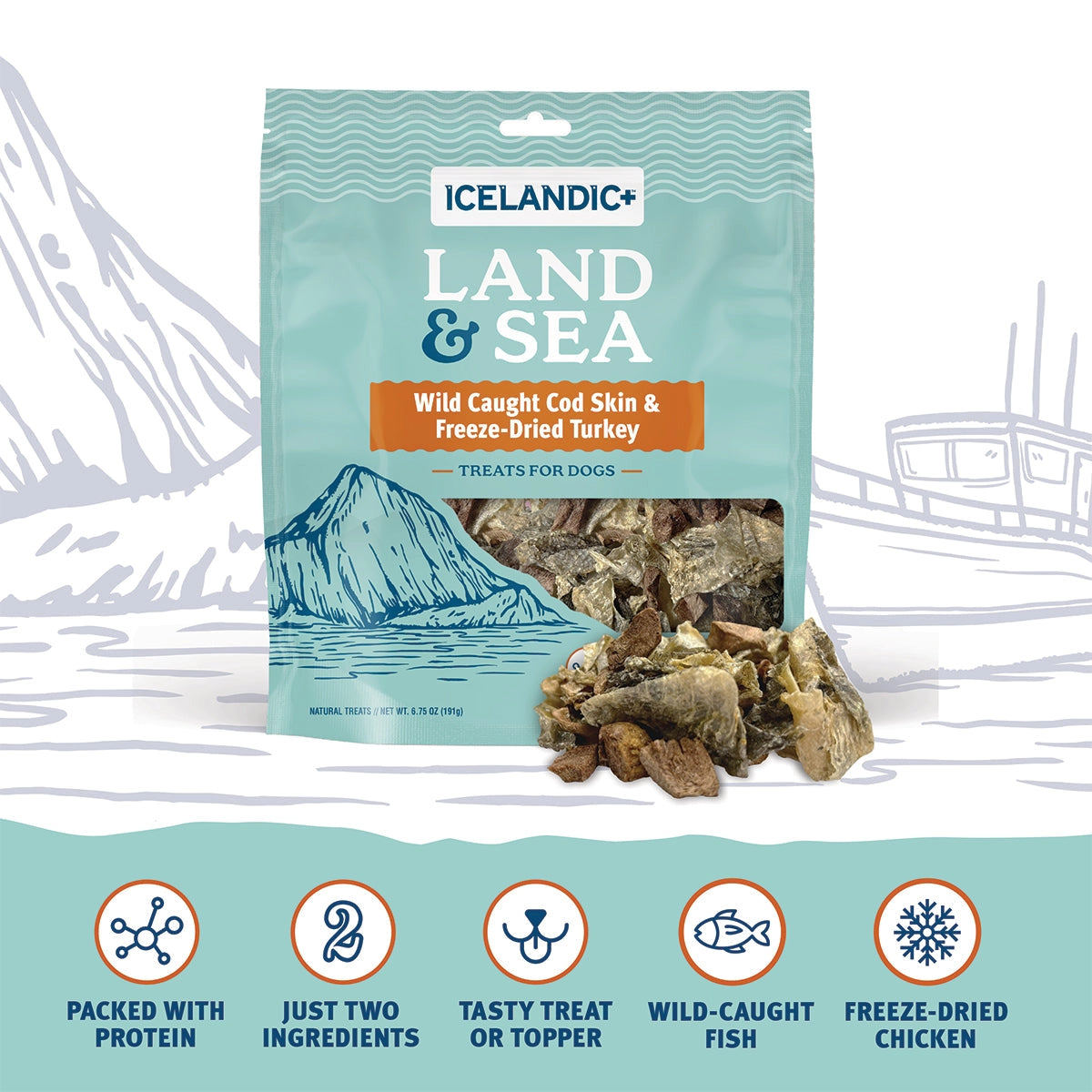 The Icelandic+ Land & Sea Cod Skin & Freeze-Dried Turkey Dog Treat 2.4 oz is shown before a mountain and water backdrop, with icons underneath highlighting its premium wild-caught cod skin and freeze-dried turkey ingredients.