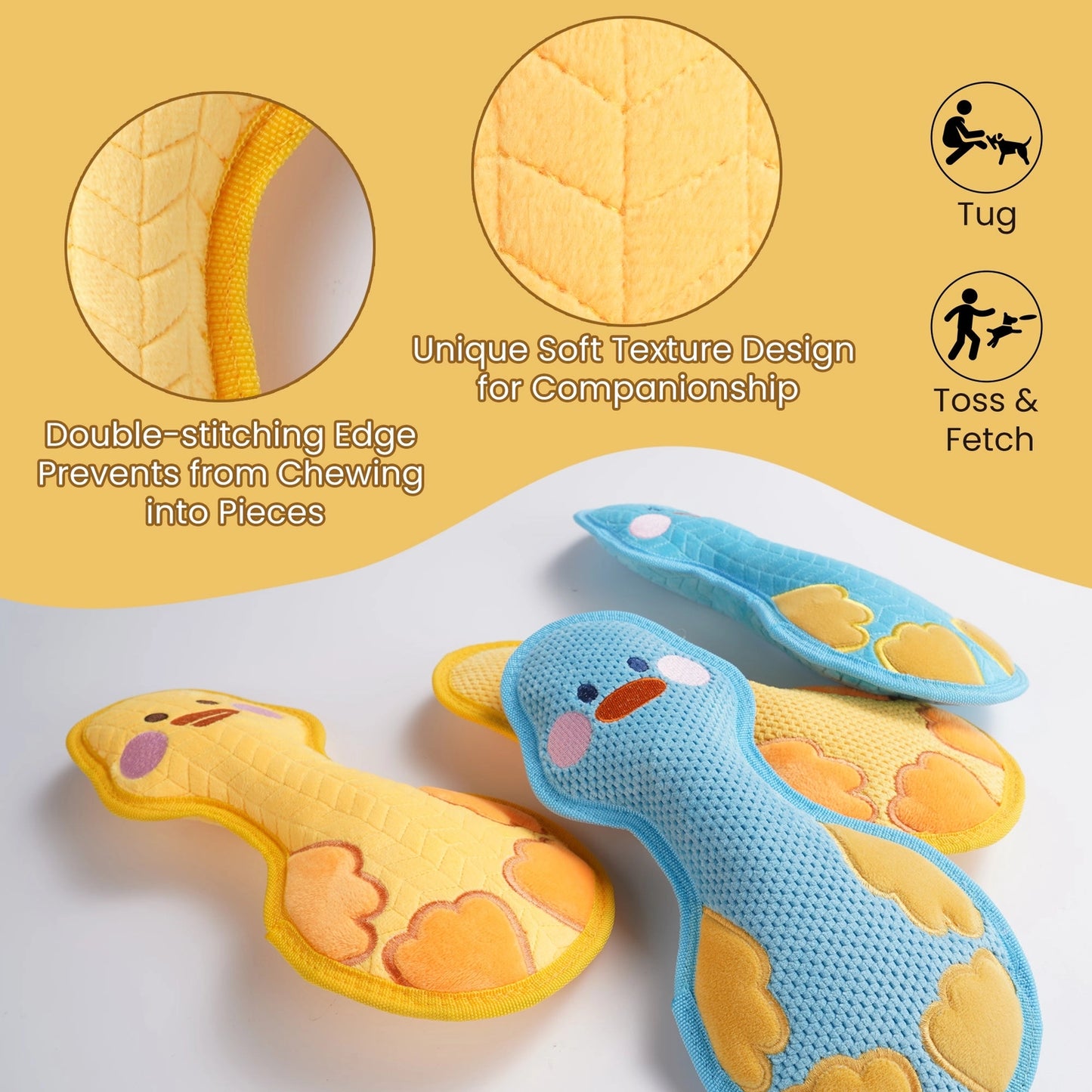 The Nocciola Durable Duck Squeaky Dog Toy by Nocciola is a yellow and blue plush animal toy with textured surfaces, heart patterns, and double-stitched edges for durability—perfect for interactive play with aggressive chewers.